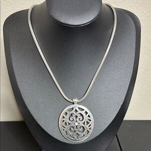 Brighton Oval Crystal Jeweled Silver Scrolled Round Pendant Necklace